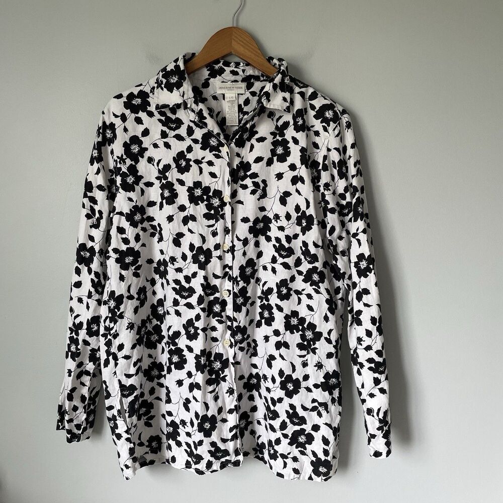 Jones New York 100% Linen Floral Print Button Up Blouse Black White Size Large